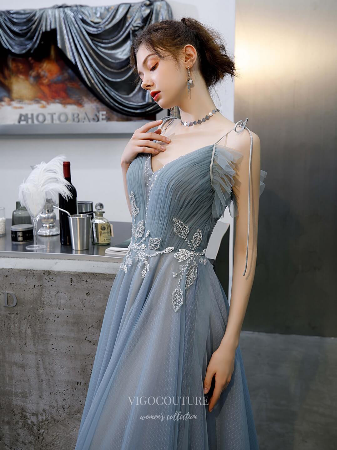 Prom Dress 2025 Beaded Spaghetti Strap Prom Dress 20198-unique elegant Prom Dresses-Slate Grey-US2-vigocouture