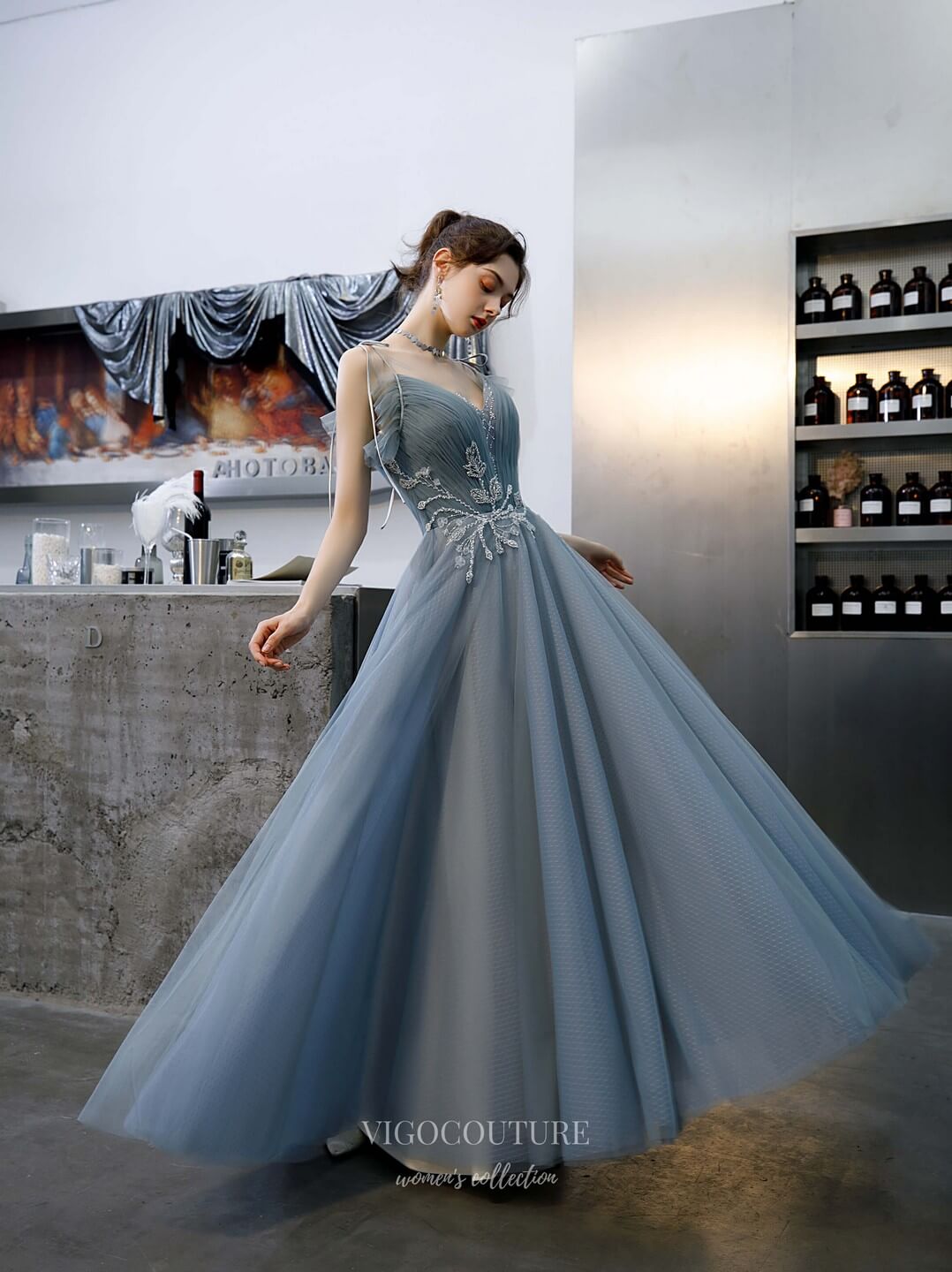 Prom Dress 2025 Beaded Spaghetti Strap Prom Dress 20198-unique elegant Prom Dresses-Slate Grey-US2-vigocouture