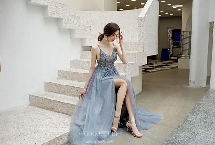 Prom Dress 2025 Beaded Spaghetti Strap Prom Dress 20200-unique elegant Prom Dresses-Slate Grey-US2-vigocouture