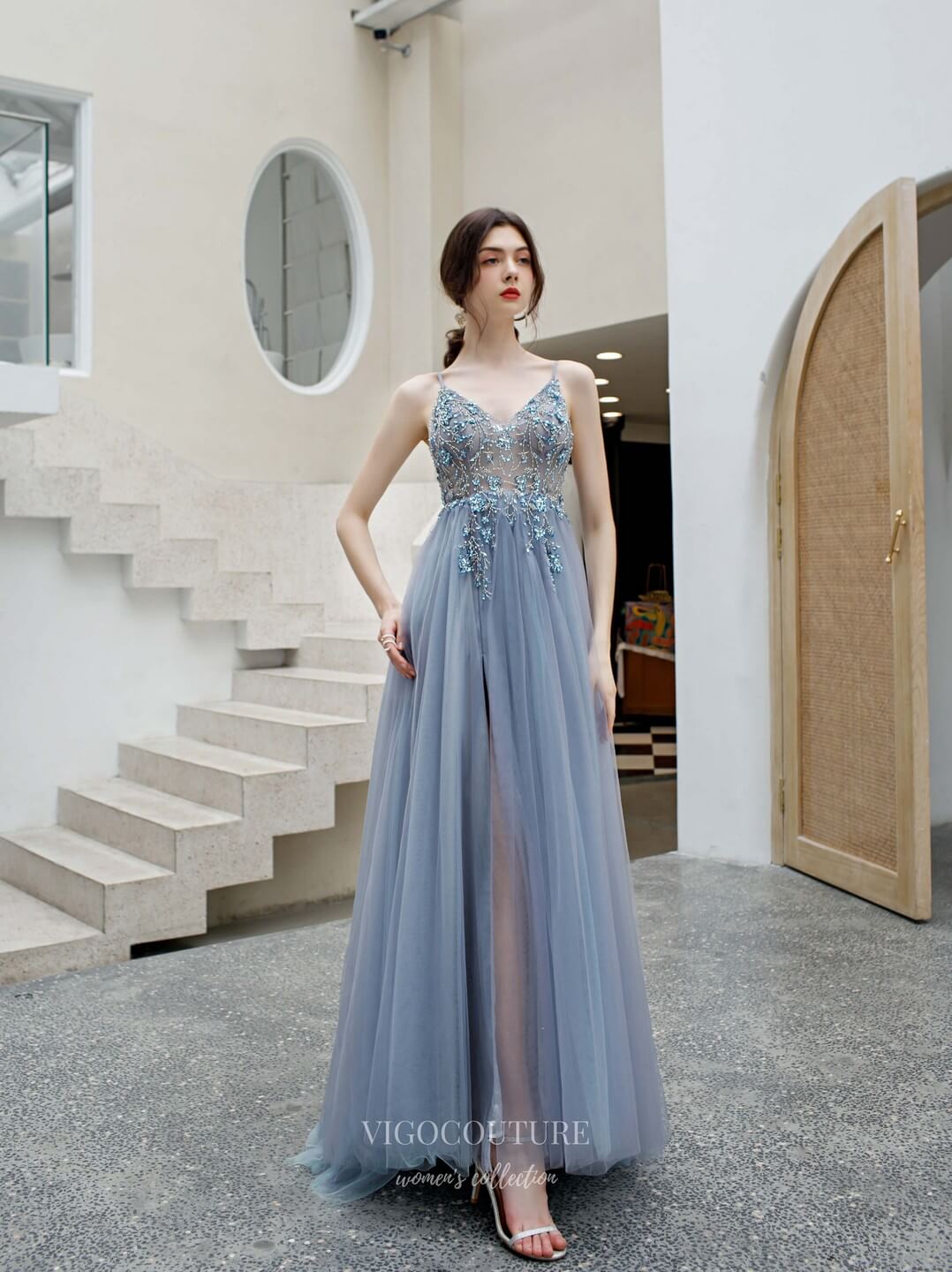 Prom Dress 2025 Beaded Spaghetti Strap Prom Dress 20200-unique elegant Prom Dresses-Slate Grey-US2-vigocouture