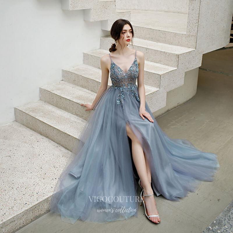 Prom Dress 2025 Beaded Spaghetti Strap Prom Dress 20200-unique elegant Prom Dresses-Slate Grey-US2-vigocouture