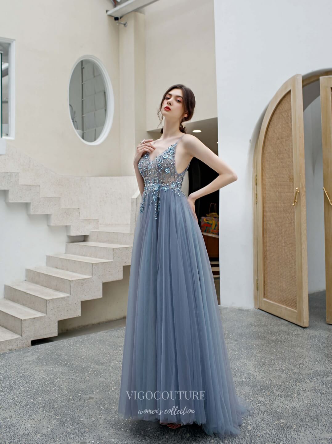 Prom Dress 2025 Beaded Spaghetti Strap Prom Dress 20200-unique elegant Prom Dresses-Slate Grey-US2-vigocouture