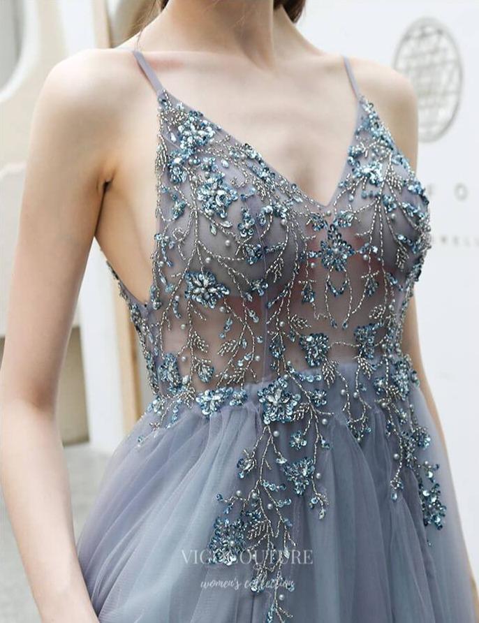 Prom Dress 2025 Beaded Spaghetti Strap Prom Dress 20200-unique elegant Prom Dresses-Slate Grey-US2-vigocouture