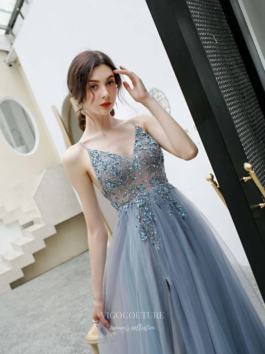 Prom Dress 2025 Beaded Spaghetti Strap Prom Dress 20200-unique elegant Prom Dresses-Slate Grey-US2-vigocouture