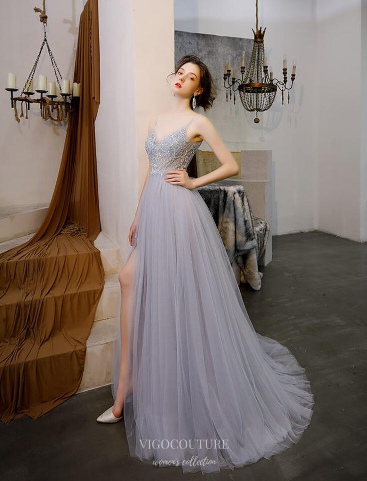 Prom Dress 2025 Beaded Spaghetti Strap Prom Dress 20204-unique elegant Prom Dresses-Grey-US2-vigocouture