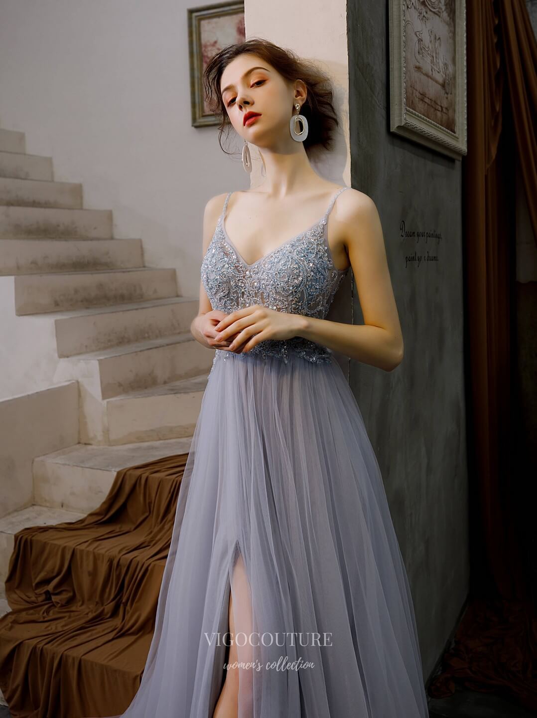 Prom Dress 2025 Beaded Spaghetti Strap Prom Dress 20204-unique elegant Prom Dresses-Grey-US2-vigocouture