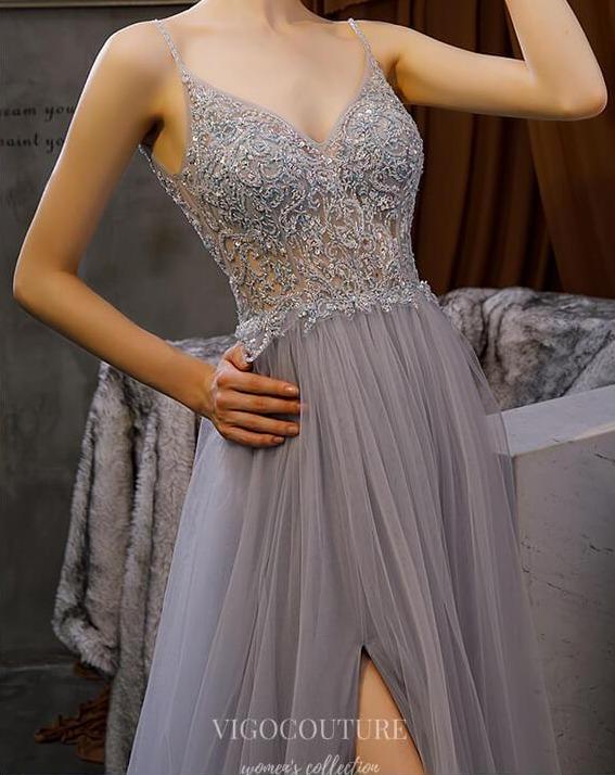 Prom Dress 2025 Beaded Spaghetti Strap Prom Dress 20204-unique elegant Prom Dresses-Grey-US2-vigocouture