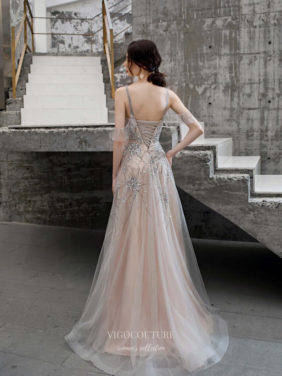 Prom Dress 2025 Beaded Spaghetti Strap Prom Dress 20222-unique elegant Prom Dresses-Silver-US2-vigocouture