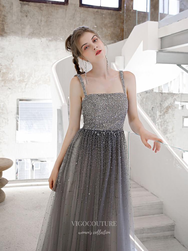 Prom Dress 2025 Beaded Spaghetti Strap Prom Dress 20224-unique elegant Prom Dresses-Silver-US2-vigocouture