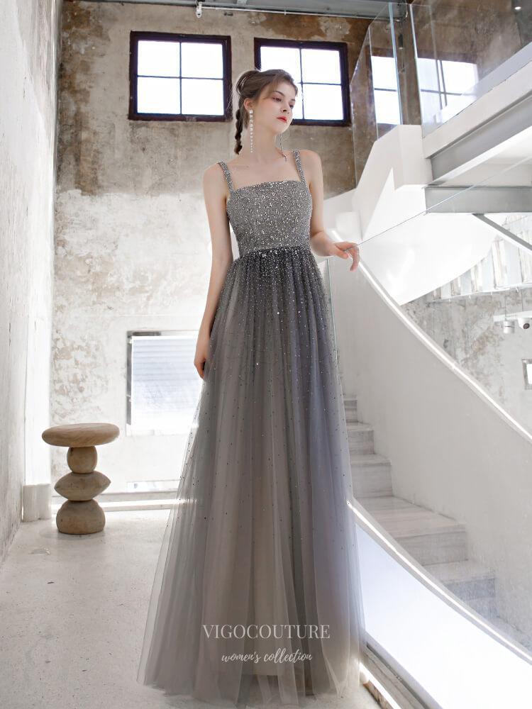 Prom Dress 2025 Beaded Spaghetti Strap Prom Dress 20224-unique elegant Prom Dresses-Silver-US2-vigocouture