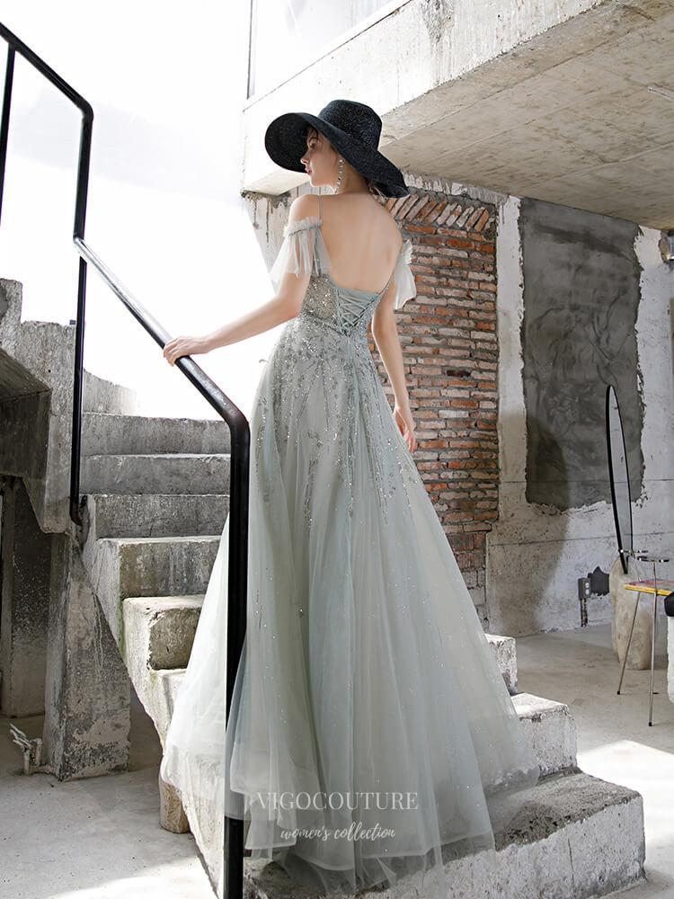 Prom Dress 2025 Beaded Spaghetti Strap Prom Dress 20228-unique elegant Prom Dresses-Grey-US2-vigocouture