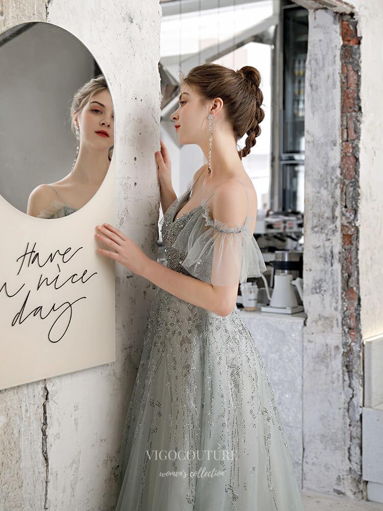 Prom Dress 2025 Beaded Spaghetti Strap Prom Dress 20228-unique elegant Prom Dresses-Grey-US2-vigocouture