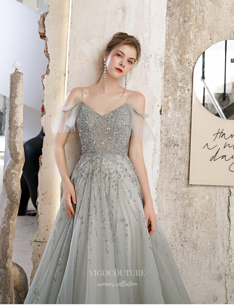 Prom Dress 2025 Beaded Spaghetti Strap Prom Dress 20228-unique elegant Prom Dresses-Grey-US2-vigocouture