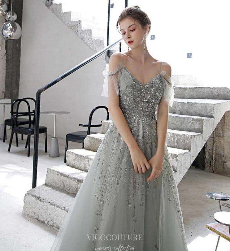 Prom Dress 2025 Beaded Spaghetti Strap Prom Dress 20228-unique elegant Prom Dresses-Grey-US2-vigocouture