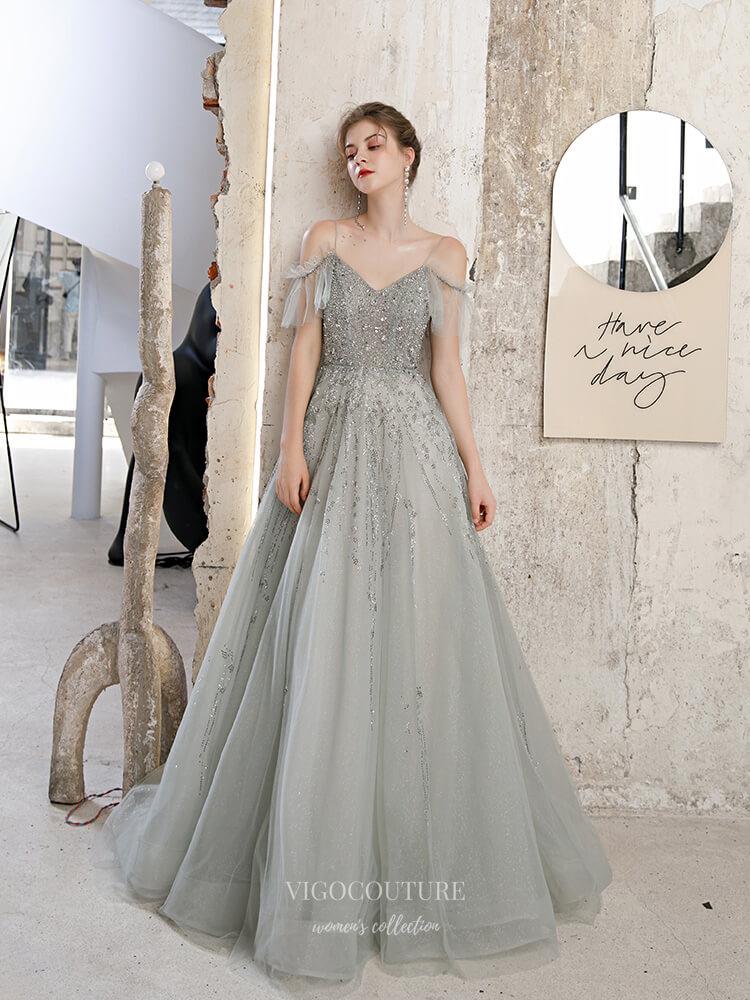 Prom Dress 2025 Beaded Spaghetti Strap Prom Dress 20228-unique elegant Prom Dresses-Grey-US2-vigocouture