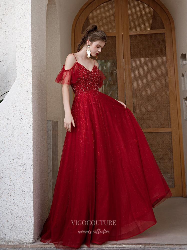 Prom Dress 2025 Beaded Spaghetti Strap Prom Dress 20228-unique elegant Prom Dresses-Red-US2-vigocouture