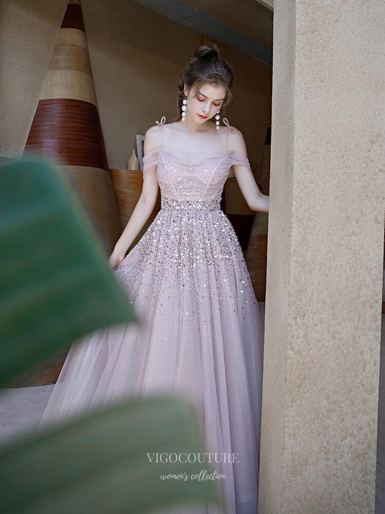 Prom Dress 2025 Beaded Spaghetti Strap Prom Dress 20241-unique elegant Prom Dresses-Blush-US2-vigocouture