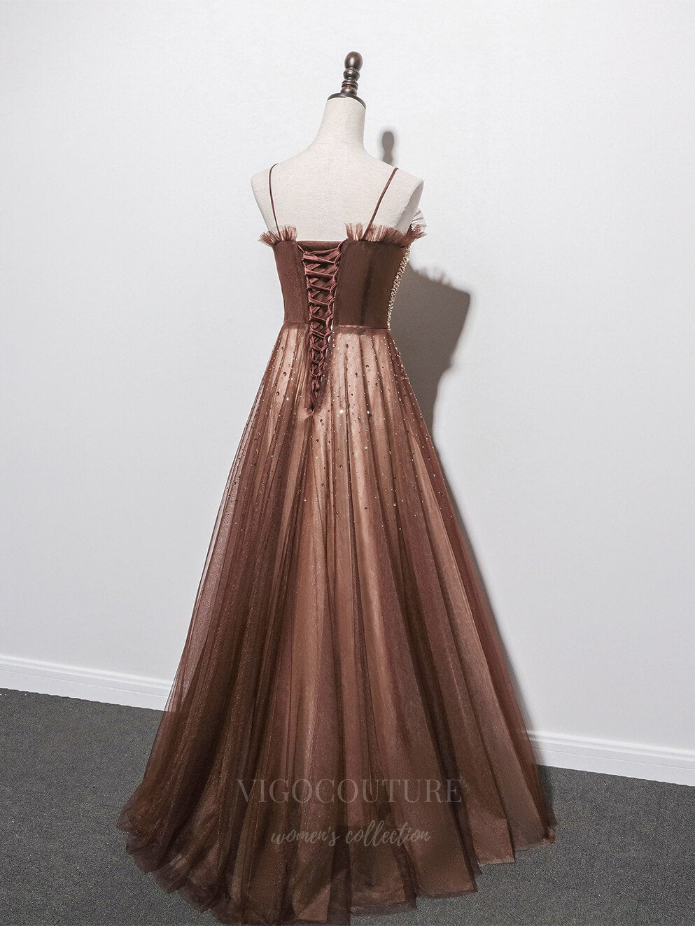 Prom Dress 2025 Beaded Spaghetti Strap Prom Dress 20664-unique elegant Prom Dresses-Brown-US2-vigocouture