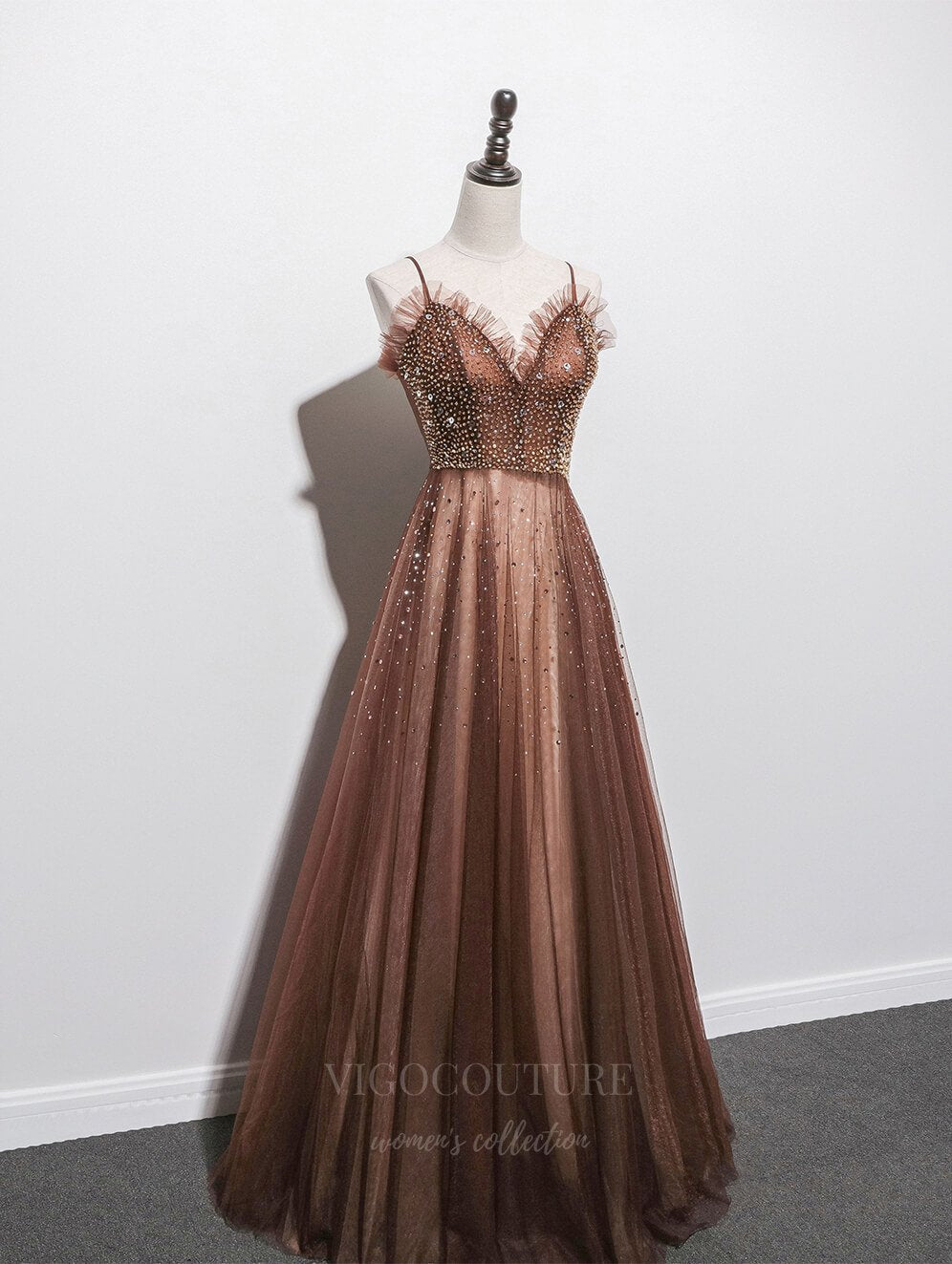 Prom Dress 2025 Beaded Spaghetti Strap Prom Dress 20664-unique elegant Prom Dresses-Brown-US2-vigocouture