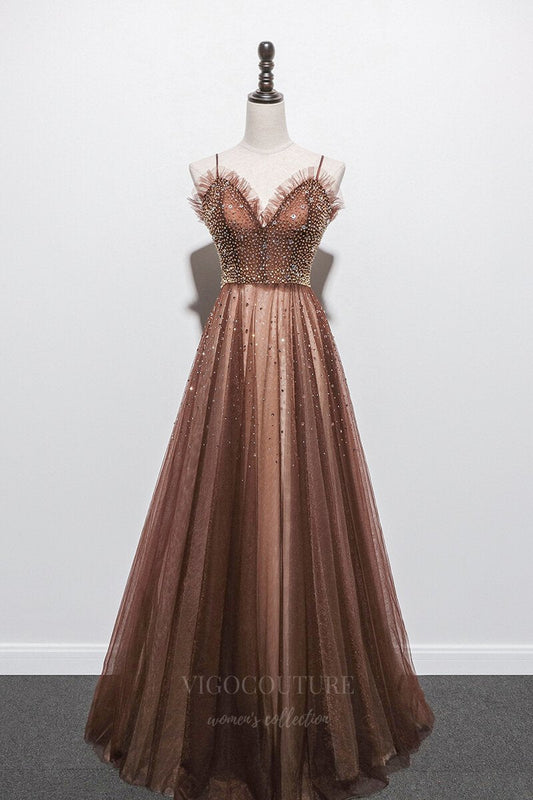 Prom Dress 2025 Beaded Spaghetti Strap Prom Dress 20664-unique elegant Prom Dresses-Brown-US2-vigocouture