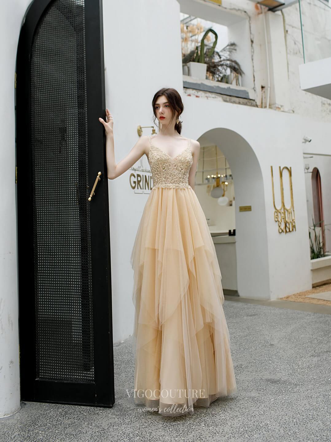 Prom Dress 2025 Beaded Spaghetti Strap Prom Dresses Tiered 20187-unique elegant Prom Dresses-Champagne-US2-vigocouture