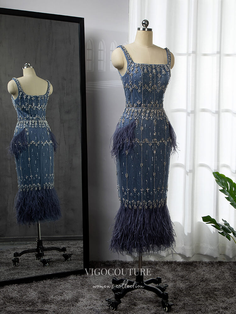 Prom Dress 2025 Beaded Square Neck Prom Dresses Tea Length Feather Dress 22085-unique elegant Prom Dresses-Blue-US2-vigocouture