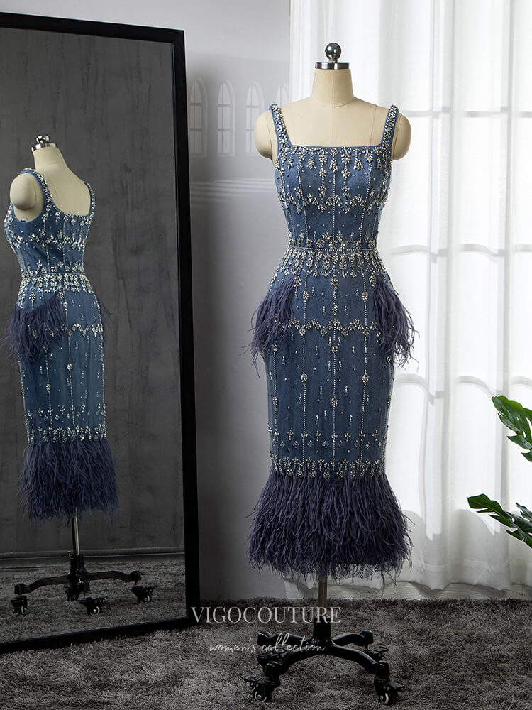 Prom Dress 2025 Beaded Square Neck Prom Dresses Tea Length Feather Dress 22085-unique elegant Prom Dresses-Blue-US2-vigocouture