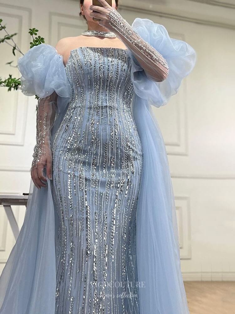 Prom Dress 2025 Beaded Strapless Mermaid Prom Dresses Removable Puffed Sleeve Pageant Dress 25012-unique elegant Prom Dresses-Dusty Blue-US2-vigocouture