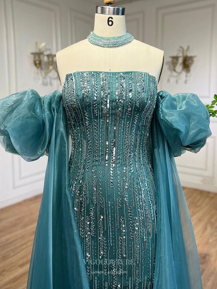 Prom Dress 2025 Beaded Strapless Mermaid Prom Dresses Removable Puffed Sleeve Pageant Dress 25012-unique elegant Prom Dresses-Green-US2-vigocouture