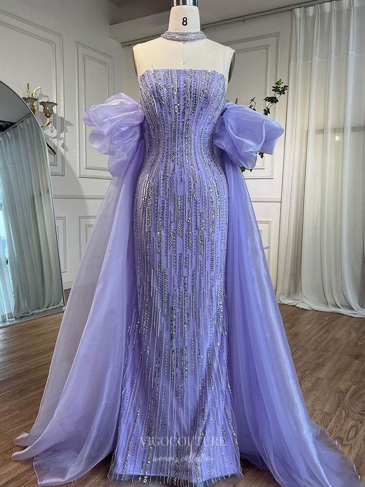 Prom Dress 2025 Beaded Strapless Mermaid Prom Dresses Removable Puffed Sleeve Pageant Dress 25012-unique elegant Prom Dresses-Lavender-US2-vigocouture