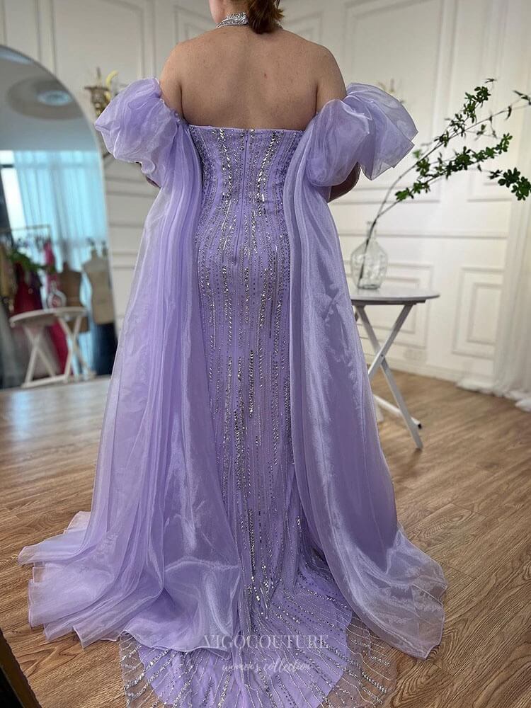 Prom Dress 2025 Beaded Strapless Mermaid Prom Dresses Removable Puffed Sleeve Pageant Dress 25012-unique elegant Prom Dresses-Lavender-US2-vigocouture