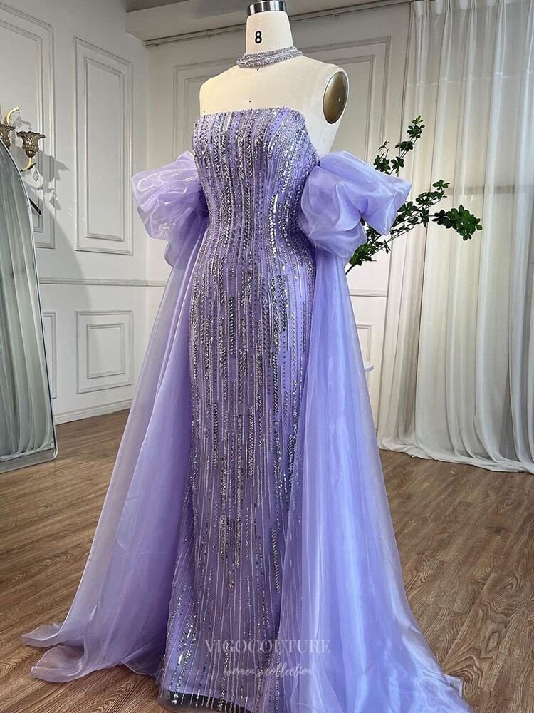 Prom Dress 2025 Beaded Strapless Mermaid Prom Dresses Removable Puffed Sleeve Pageant Dress 25012-unique elegant Prom Dresses-Lavender-US2-vigocouture