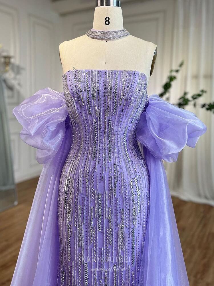 Prom Dress 2025 Beaded Strapless Mermaid Prom Dresses Removable Puffed Sleeve Pageant Dress 25012-unique elegant Prom Dresses-Lavender-US2-vigocouture