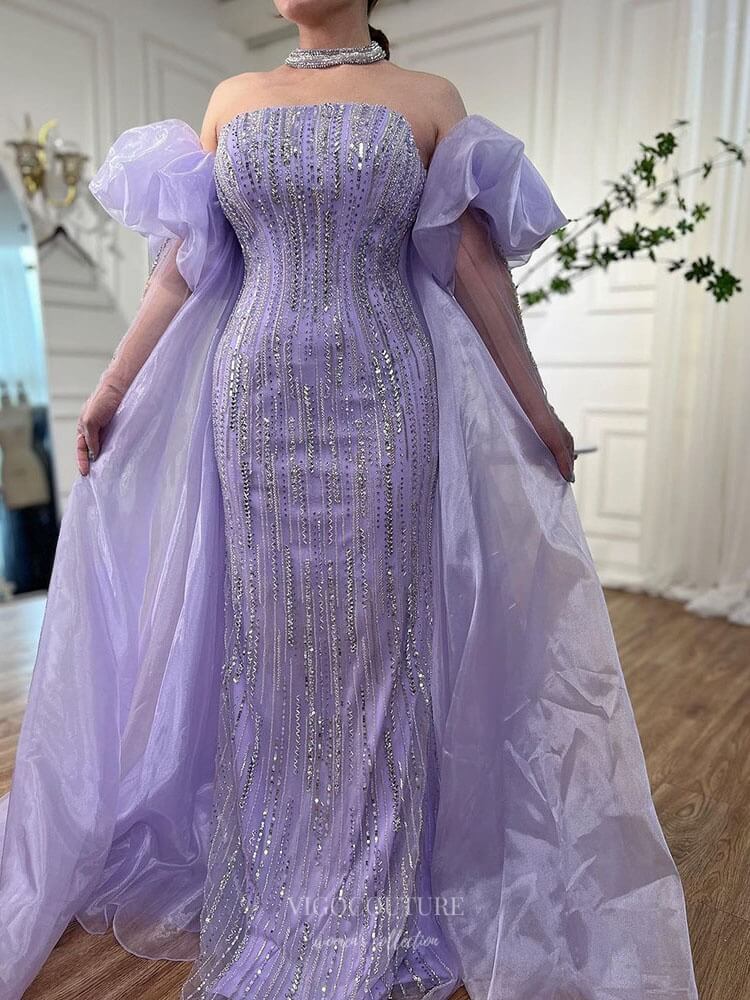 Prom Dress 2025 Beaded Strapless Mermaid Prom Dresses Removable Puffed Sleeve Pageant Dress 25012-unique elegant Prom Dresses-Lavender-US2-vigocouture