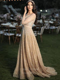 Prom Dress 2025 Beaded Strapless Prom Dresses Long Sleeve Evening Dresses 21254-unique elegant Prom Dresses-Champagne-US2-vigocouture