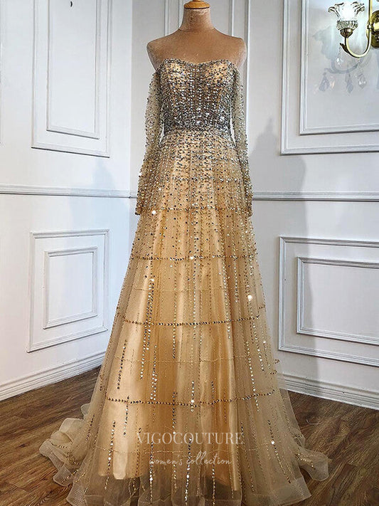 Prom Dress 2025 Beaded Strapless Prom Dresses Long Sleeve Evening Dresses 21254-unique elegant Prom Dresses-Champagne-US2-vigocouture