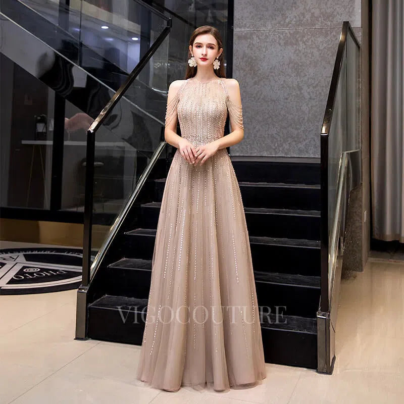 Prom Dress 2025 Beaded String A-line Prom Dresses 20017-unique elegant Prom Dresses-Champagne-US2-vigocouture