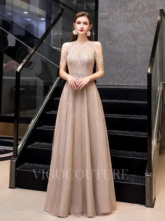 Prom Dress 2025 Beaded String A-line Prom Dresses 20017-unique elegant Prom Dresses-Champagne-US2-vigocouture