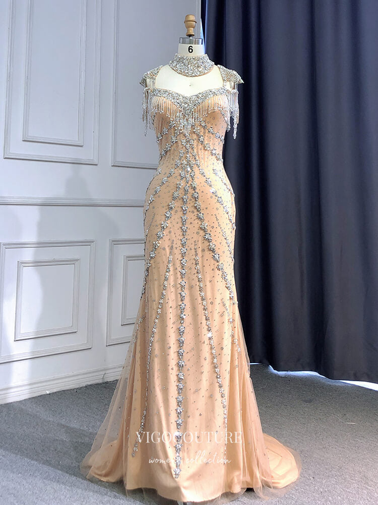 Prom Dress 2025 Beaded String Formal Dresses Mermaid Evening Dresses 21516-unique elegant Prom Dresses-Gold-US2-vigocouture