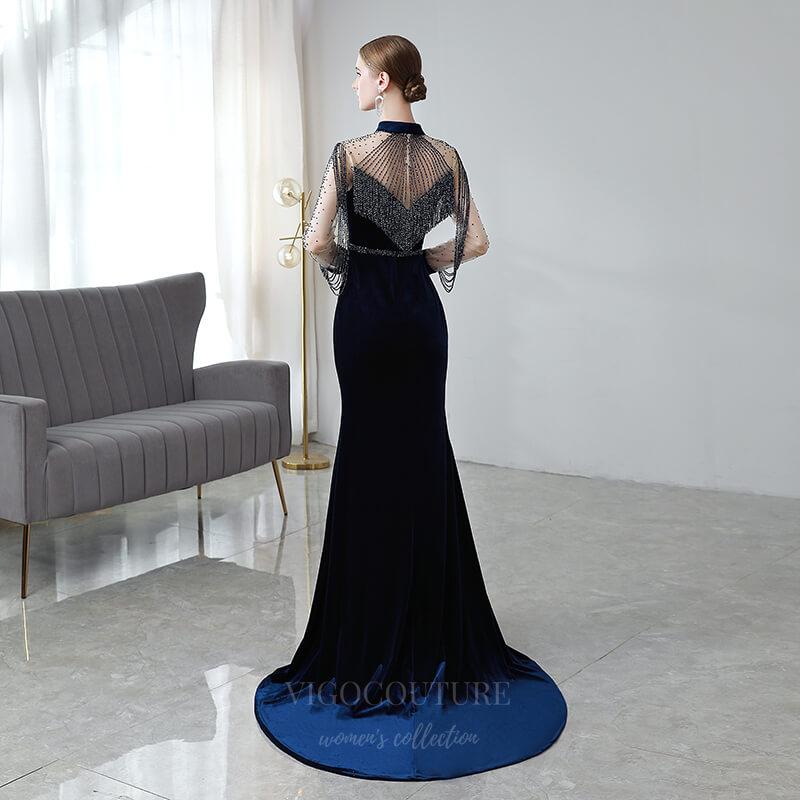 Prom Dress 2025 Beaded String Velvet Prom Dress 20152-unique elegant Prom Dresses-Navy Blue-US2-vigocouture