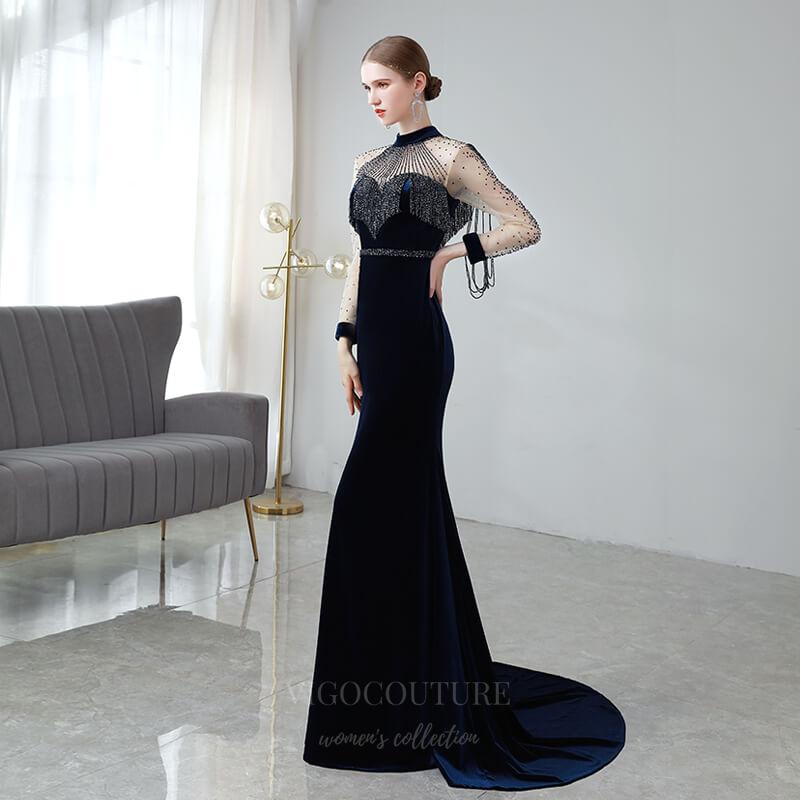 Prom Dress 2025 Beaded String Velvet Prom Dress 20152-unique elegant Prom Dresses-Navy Blue-US2-vigocouture