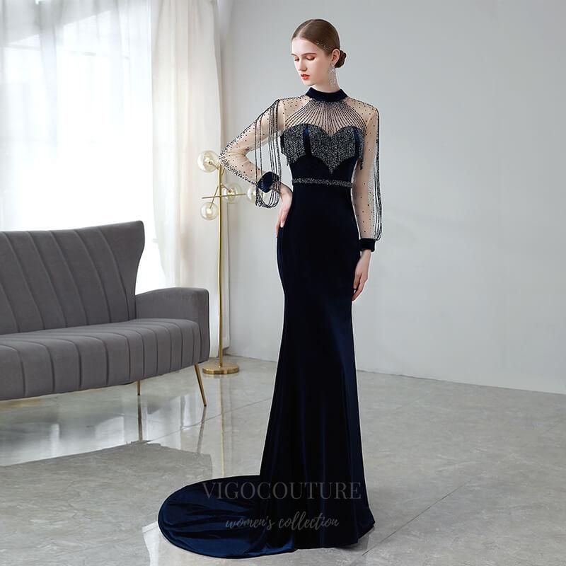 Prom Dress 2025 Beaded String Velvet Prom Dress 20152-unique elegant Prom Dresses-Navy Blue-US2-vigocouture