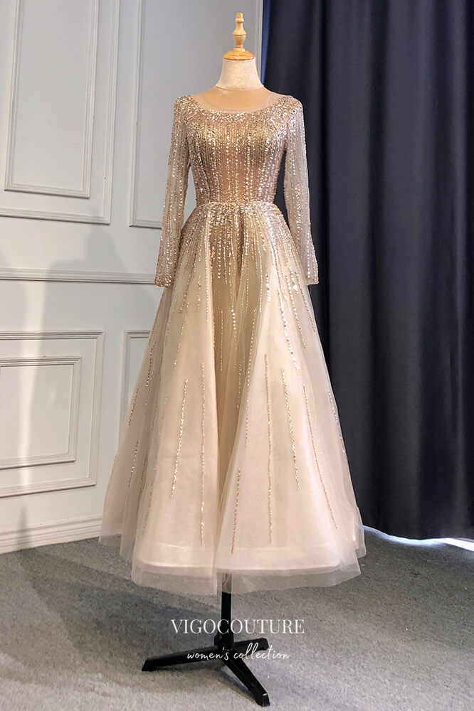 Prom Dress 2025 Beaded Tea Length Formal Dresses Long Sleeve Prom Dress 21630-unique elegant Prom Dresses-Champagne-US2-vigocouture