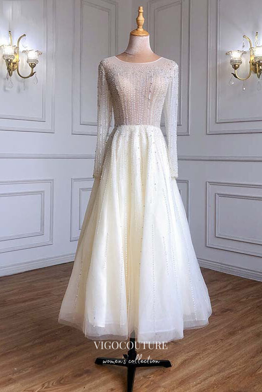 Prom Dress 2025 Beaded Tea Length Formal Dresses Long Sleeve Prom Dress 21630-unique elegant Prom Dresses-Ivory-US2-vigocouture