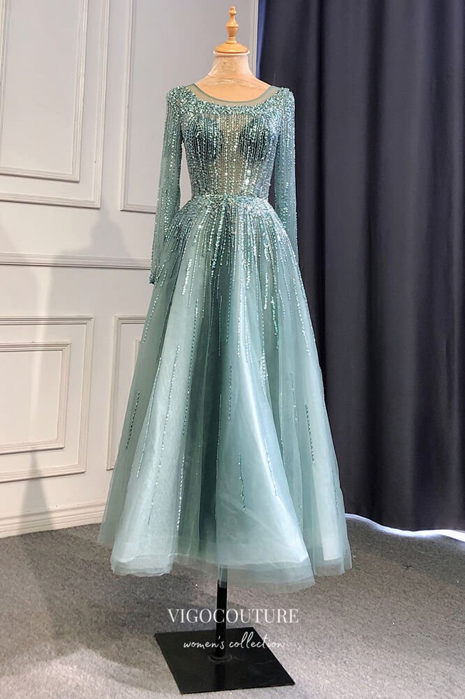 Prom Dress 2025 Beaded Tea Length Formal Dresses Long Sleeve Prom Dress 21630-unique elegant Prom Dresses-Light Blue-US2-vigocouture