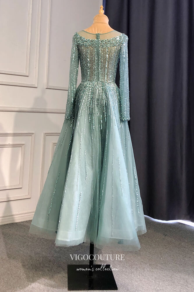 Prom Dress 2025 Beaded Tea Length Formal Dresses Long Sleeve Prom Dress 21630-unique elegant Prom Dresses-Light Blue-US2-vigocouture