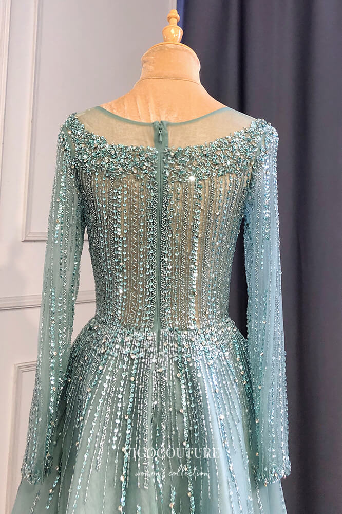 Prom Dress 2025 Beaded Tea Length Formal Dresses Long Sleeve Prom Dress 21630-unique elegant Prom Dresses-Light Blue-US2-vigocouture