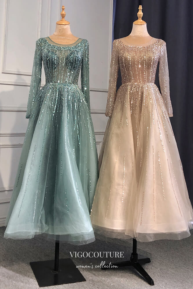 Prom Dress 2025 Beaded Tea Length Formal Dresses Long Sleeve Prom Dress 21630-unique elegant Prom Dresses-Light Blue-US2-vigocouture