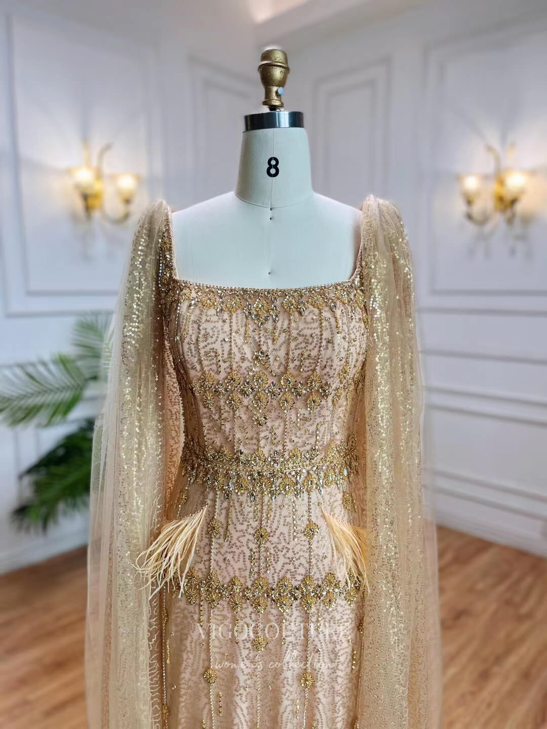 Prom Dress 2025 Beaded Tea-Length Prom Dresses Cape Sleeve Evening Dress 22122-unique elegant Prom Dresses-Champagne-US2-vigocouture