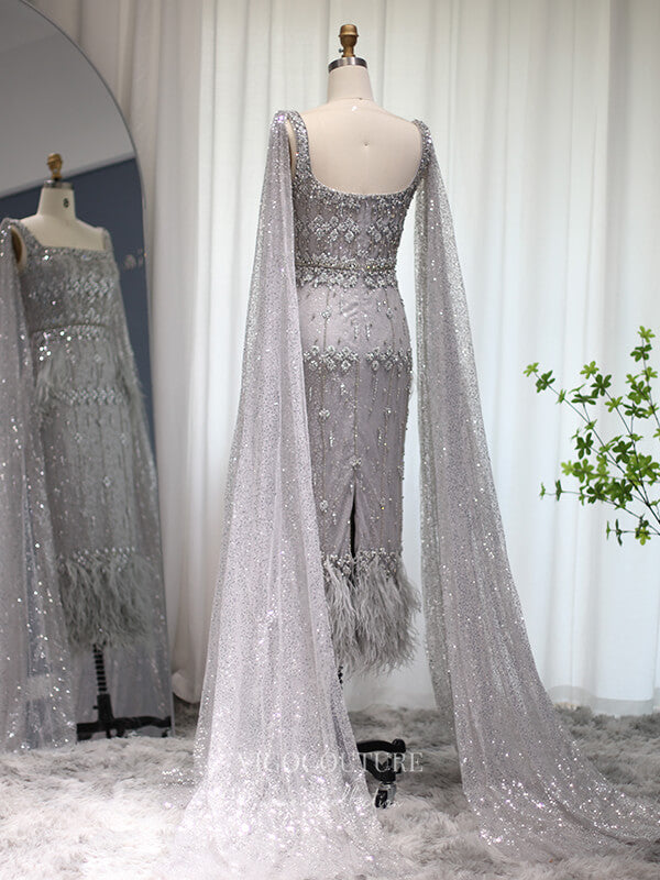 Prom Dress 2025 Beaded Tea-Length Prom Dresses Cape Sleeve Evening Dress 22122-unique elegant Prom Dresses-Champagne-US2-vigocouture